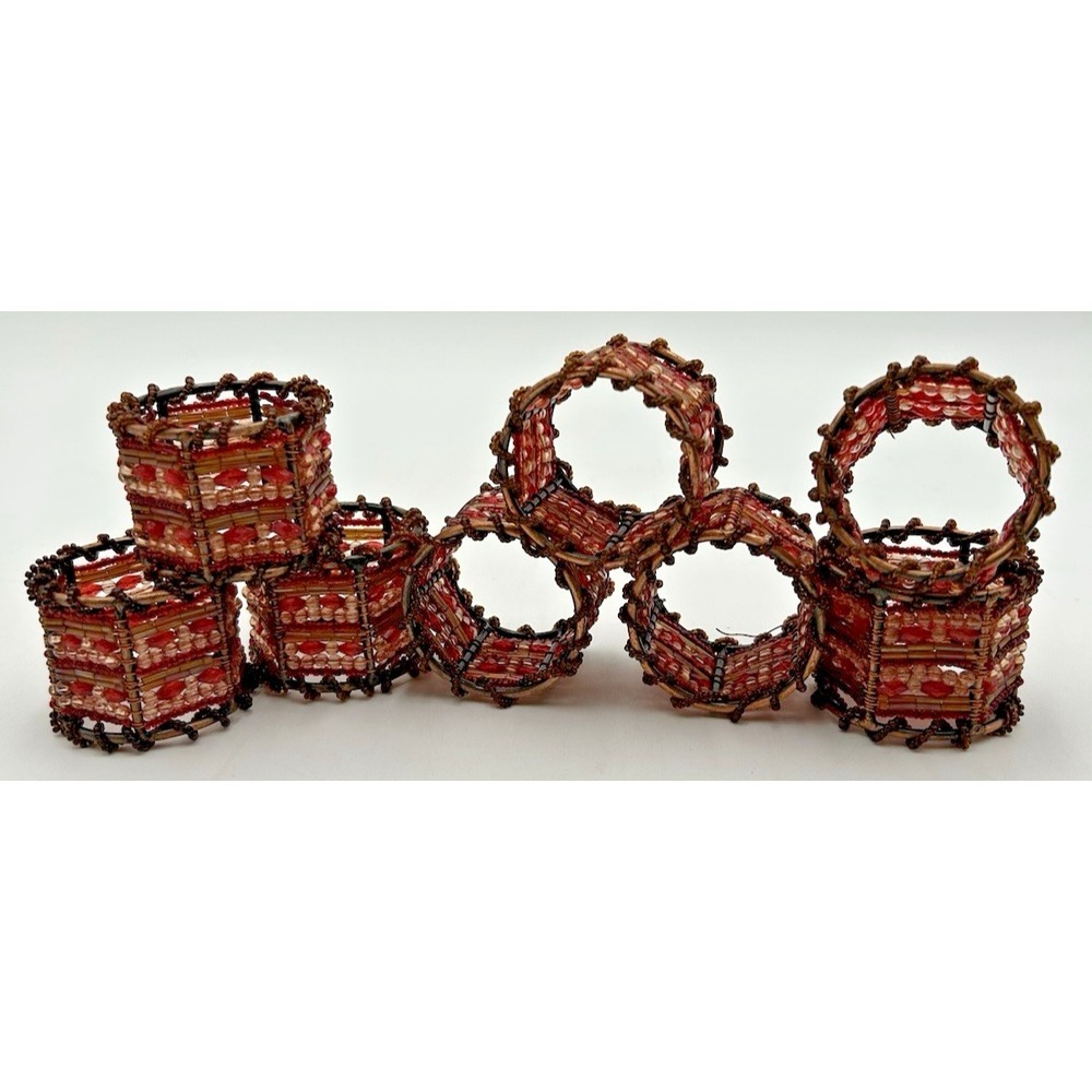 Pier 1 Set of 8 Moroccan Beaded Napkin Rings Red, Orange, and Amber Colored Bead